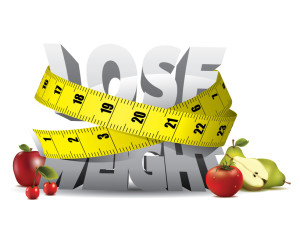 Lose weight text with measure tape and fruits