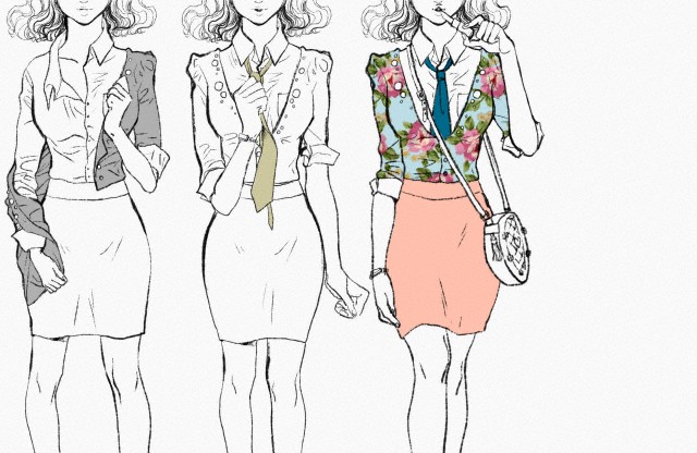 Fashion illustration of three same woman wearing differently