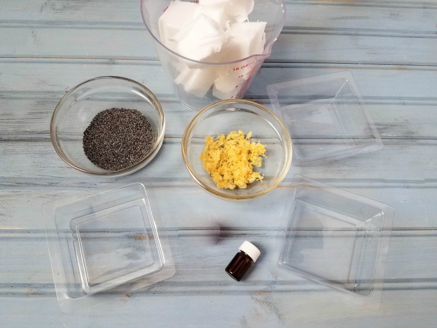 Homemade Lemon Poppy Seed Soap ingredients and supplies
