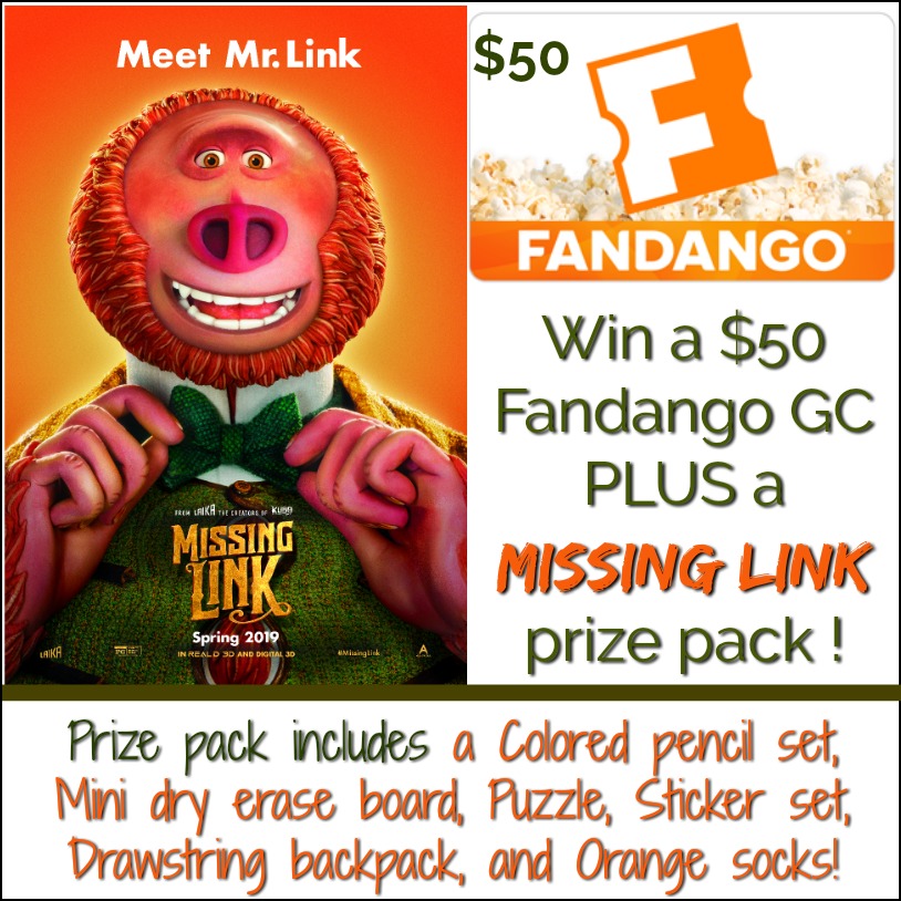 #Win $50 Fandango GC and Missing Link Prize Pack! US, ends 4/17 #MissingLink